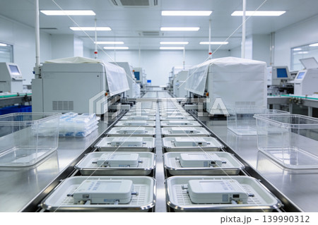 Automated production line in a cleanroom facility with electronic devices on trays Automated production line in a cleanroom facility with electronic devices on trays 139990312