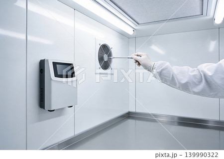Technician in sterile suit calibrates ventilation system in cleanroom laboratory 139990322