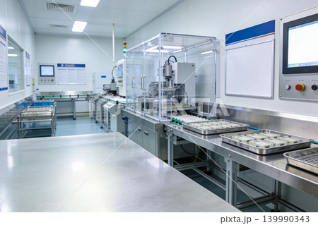 Modern cleanroom assembly line with automated machinery and technician handling components 139990343