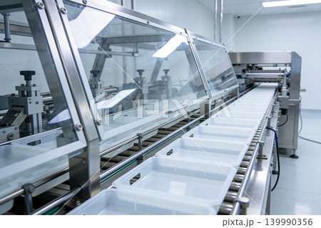 Automated conveyor belt system with empty plastic trays in a clean manufacturing facility Automated conveyor belt system with empty plastic trays in a clean manufacturing facility 139990356