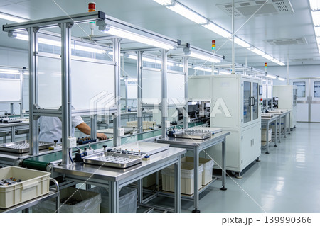 Modern electronics assembly line with automated machinery and conveyor belts Modern electronics assembly line with automated machinery and conveyor belts 139990366