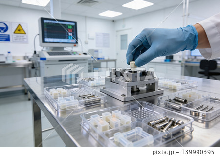 Scientist in blue gloves assembling precise equipment in a sterile laboratory environment Scientist in blue gloves assembling precise equipment in a sterile laboratory environment 139990395