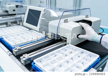 Automated assembly line with precision components and operator in cleanroom environment Automated assembly line with precision components and operator in cleanroom environment 139990403