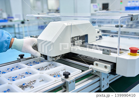 Automated assembly line worker operating precision manufacturing equipment 139990410