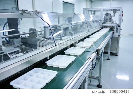 Automated production line with conveyor belt carrying empty plastic trays Automated production line with conveyor belt carrying empty plastic trays 139990415