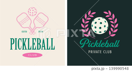 Pickleball club logo and poster template with crossed paddles, ball, laurel wreath and vintage 139990548