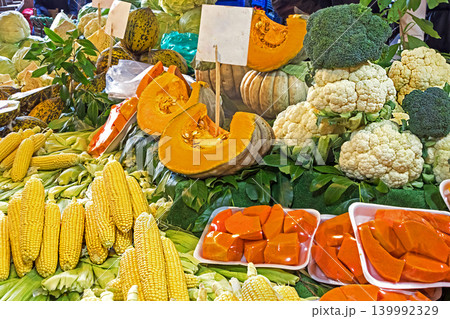 Vegetables and cut pumpkin on market 139992329