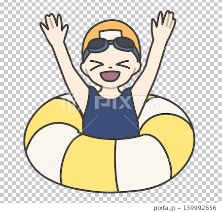A smiling girl with her arms raised, inside a yellow and white inflatable ring. 139992656