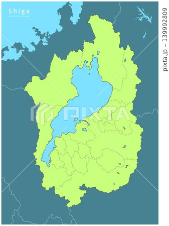 海や湖を着色した「滋賀県」詳細な地図シリーズ。（隣県、市町村の区分と白地図） 139992809