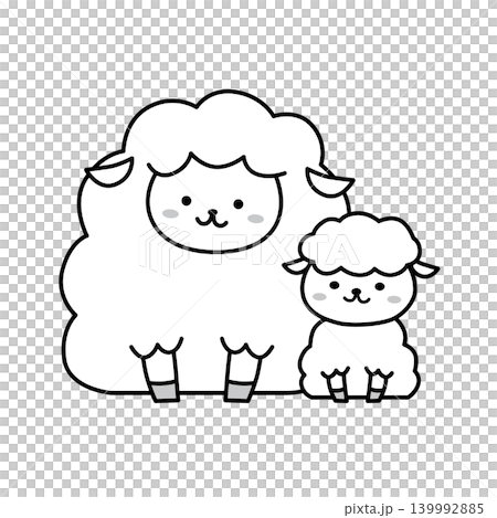 かわいい羊の親子のモノクロイラスト かわいい羊の親子のモノクロイラスト 139992885