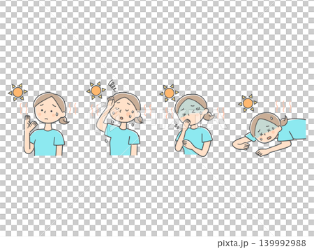Illustration set depicting the worsening symptoms of heatstroke in a young woman. Illustration set depicting the worsening symptoms of heatstroke in a young woman. 139992988