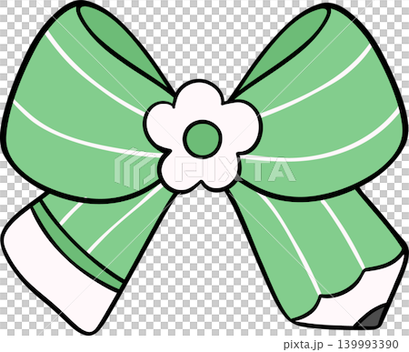 Cute Green Pencil Bow with Flowers Hand Drawn Doodle, pencil in Bow Shaped Cute Green Pencil Bow with Flowers Hand Drawn Doodle, pencil in Bow Shaped 139993390