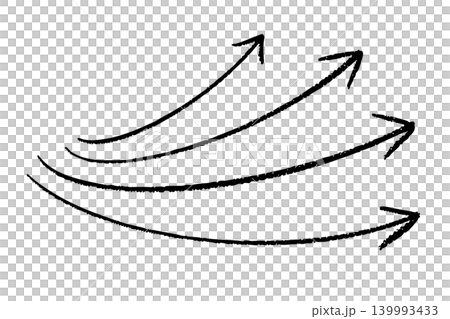 手書きブラシ線で描いたシンプルな曲線矢印セット、ラフな手描きタッチの流れ説明用ラインアイコン素材 139993433