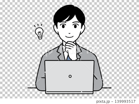 A monochrome illustration of a young man in a suit getting an idea while looking at a computer screen. A monochrome illustration of a young man in a suit getting an idea while looking at a computer screen. 139993517