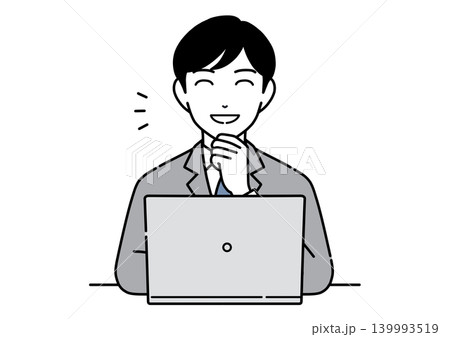 パソコンを見て笑顔になるスーツ姿の若い男性のイラスト モノトーン パソコンを見て笑顔になるスーツ姿の若い男性のイラスト モノトーン 139993519