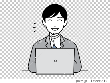 パソコンを見て笑顔になるスーツ姿の若い男性のイラスト モノトーン パソコンを見て笑顔になるスーツ姿の若い男性のイラスト モノトーン 139993519