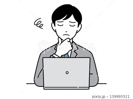 パソコンを見て手を顎に当てて悩むスーツ姿の若い男性のイラスト モノトーン パソコンを見て手を顎に当てて悩むスーツ姿の若い男性のイラスト モノトーン 139993521