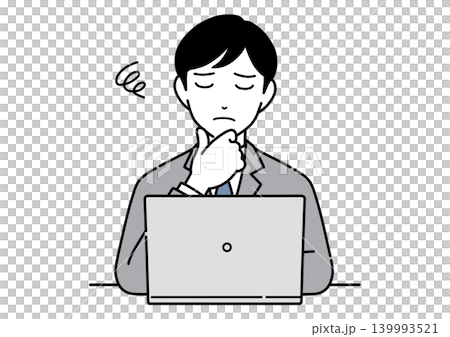 パソコンを見て手を顎に当てて悩むスーツ姿の若い男性のイラスト モノトーン パソコンを見て手を顎に当てて悩むスーツ姿の若い男性のイラスト モノトーン 139993521