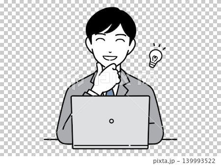 パソコンの前でアイデアを思いつくスーツ姿の若い男性会社員　正面 139993522