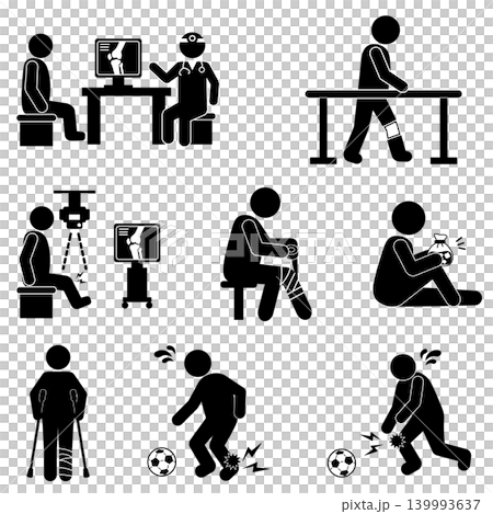 A set of monochrome pictograms illustrating the process from injury to diagnosis, treatment, and rehabilitation for fractures and sports injuries. 139993637