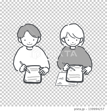 A set of monochrome illustrations of children studying or doing homework on tablets. A set of monochrome illustrations of children studying or doing homework on tablets. 139994257