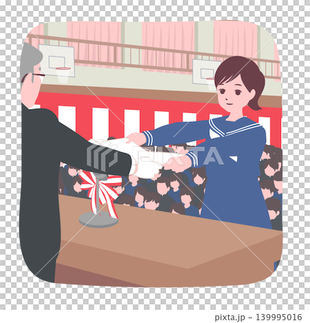 【人生階段】一位女畢業生在台上從校長手中接過畢業證書的插畫。 【人生階段】一位女畢業生在台上從校長手中接過畢業證書的插畫。 139995016
