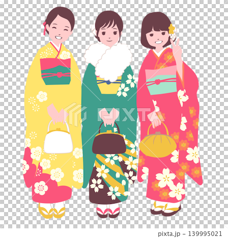 [Life Stage] Illustration of a woman celebrating her coming of age while wearing a furisode kimono. 139995021