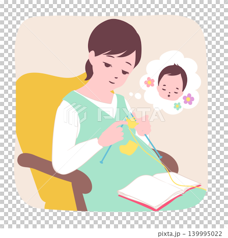 [Life Stage] Illustration of a pregnant woman on maternity leave knitting for her unborn child. 139995022