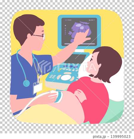 【ライフステージ】病院で妊婦健診を受けてエコーで赤ちゃんを確認する妊婦のイラスト素材	 139995023
