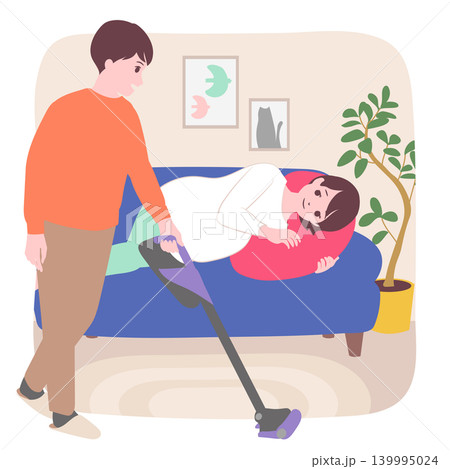 【ライフステージ】妊娠中の妻のために部屋を掃除する夫のイラスト素材 【ライフステージ】妊娠中の妻のために部屋を掃除する夫のイラスト素材 139995024