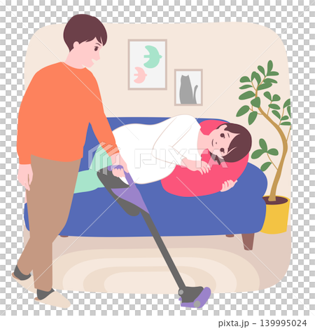 【ライフステージ】妊娠中の妻のために部屋を掃除する夫のイラスト素材 【ライフステージ】妊娠中の妻のために部屋を掃除する夫のイラスト素材 139995024