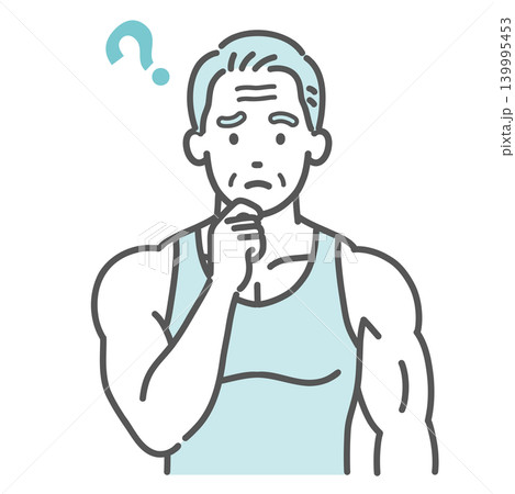 健康や運動について疑問を抱く筋肉質なシニア男性（高齢者）のイラスト 139995453