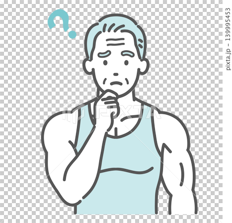 健康や運動について疑問を抱く筋肉質なシニア男性（高齢者）のイラスト 139995453