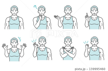 筋肉質なシニア男性(アクティブシニア)の表情・ポーズ8点セットのイラスト 筋肉質なシニア男性(アクティブシニア)の表情・ポーズ8点セットのイラスト 139995460
