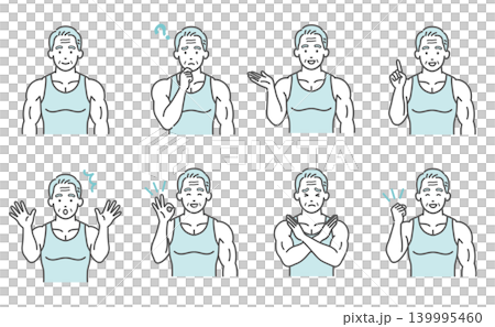 An 8-piece set of illustrations depicting the facial expressions and poses of a muscular senior man (active senior). 139995460