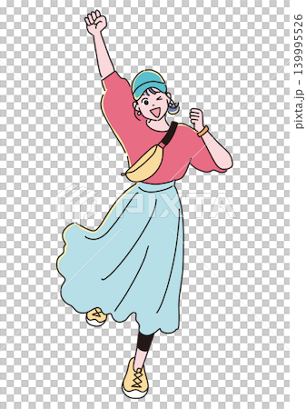 A woman in outdoor fashion jumps for joy. A woman in outdoor fashion jumps for joy. 139995526