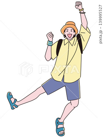 ジャンプして喜ぶアウトドアファッションの男性 ジャンプして喜ぶアウトドアファッションの男性 139995527