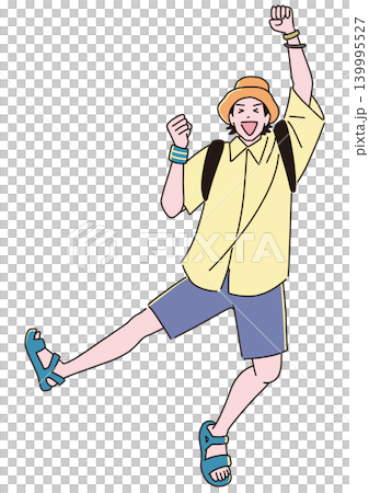 ジャンプして喜ぶアウトドアファッションの男性 ジャンプして喜ぶアウトドアファッションの男性 139995527