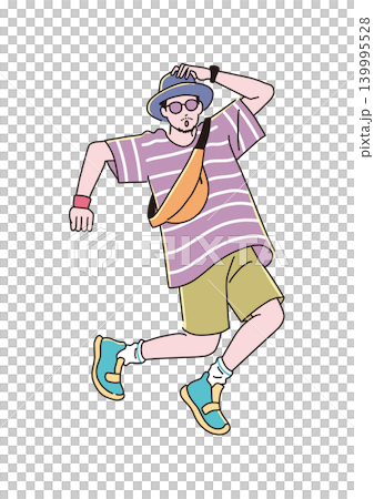 ジャンプして喜ぶアウトドアファッションの男性 ジャンプして喜ぶアウトドアファッションの男性 139995528