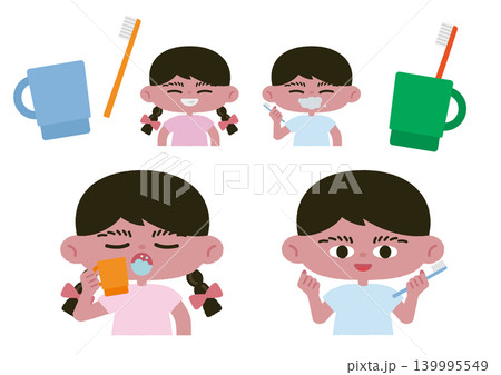 歯磨きをする子どもたちのベクターイラスト素材セット 139995549