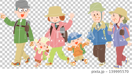 A three-generation family enjoying a hike. A three-generation family enjoying a hike. 139995570