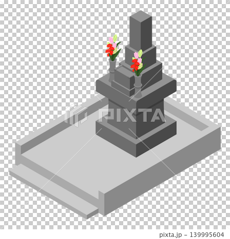 An illustration of a traditional Japanese-style tombstone with no inscription, adorned with brightly colored flowers. An illustration of a traditional Japanese-style tombstone with no inscription, adorned with brightly colored flowers. 139995604