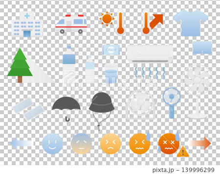 Heatstroke prevention icon set, vector graphics (summer, heat, hydration, disaster prevention, prevention, transparent background, flat). Heatstroke prevention icon set, vector graphics (summer, heat, hydration, disaster prevention, prevention, transparent background, flat). 139996299