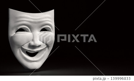 White Smiling Theater Mask in Darkness 3d render. White Smiling Theater Mask in Darkness 3d render. 139996833