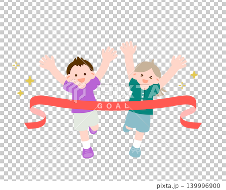Children crossing the finish line with smiles: Scenes of achievement and joy at sports days and foot races. Children crossing the finish line with smiles: Scenes of achievement and joy at sports days and foot races. 139996900