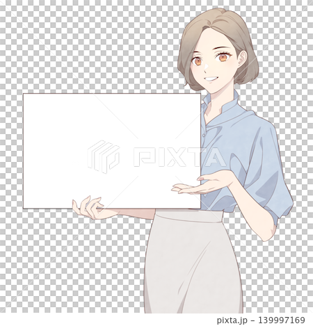 一幅插圖，描繪了一位微笑的女士將手放在木板上。 139997169