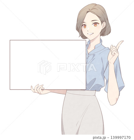 笑顔でボードを持つ女性のイラスト(指差し) 笑顔でボードを持つ女性のイラスト(指差し) 139997170