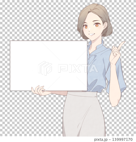 一幅插圖，描繪了一位微笑的女子手持木板（指向）。 139997170