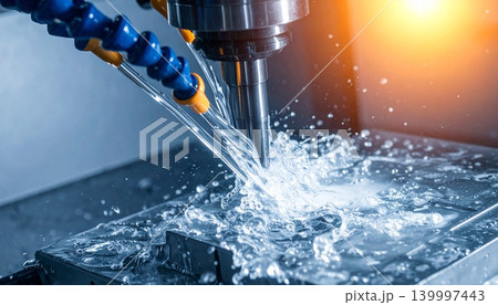 The CNC milling machine works. Coolant and lubrication in the metalwork The CNC milling machine works. Coolant and lubrication in the metalwork 139997443