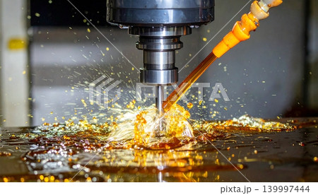 The CNC milling machine works. Coolant and lubrication in the metalwork The CNC milling machine works. Coolant and lubrication in the metalwork 139997444